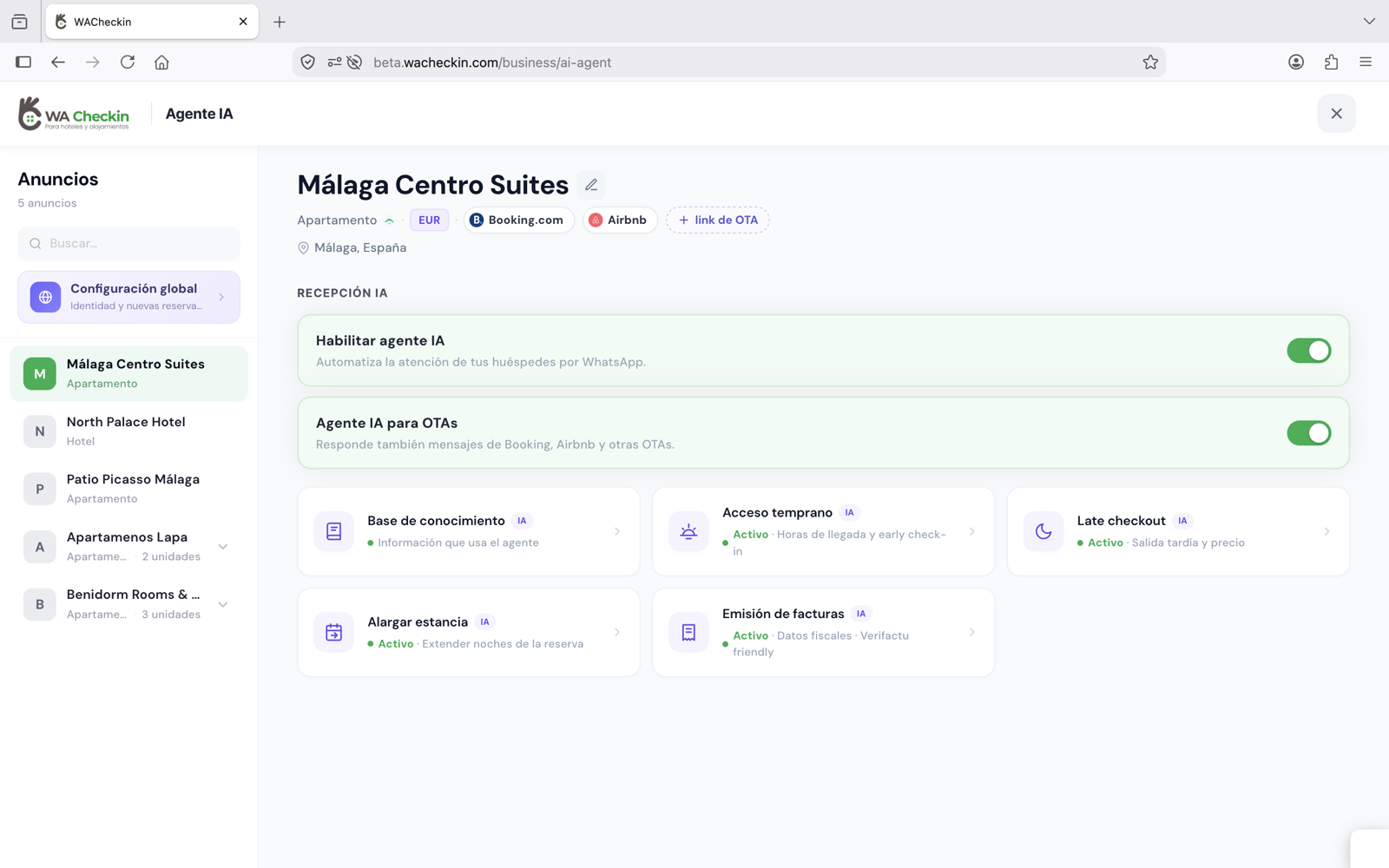Configuración de los extras que ofrece el agente IA de WACheckin