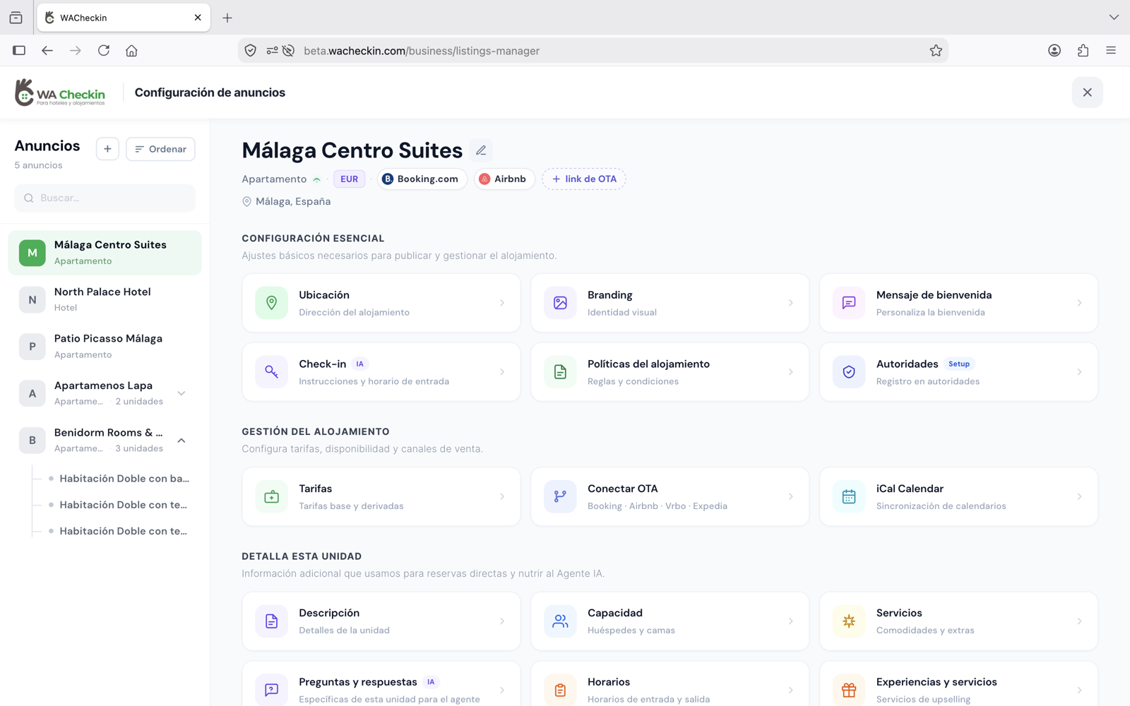 Configuración de un alojamiento en WACheckin: ubicación, branding, check-in, autoridades, tarifas, servicios