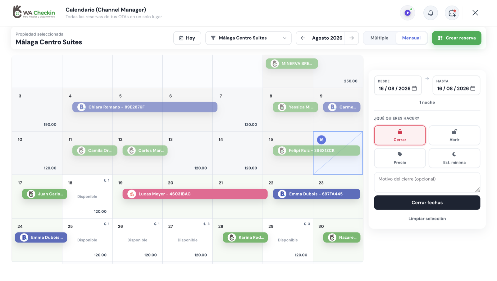 Calendario mensual de WACheckin con reservas de Booking en azul, Airbnb en rosa y reservas directas en verde