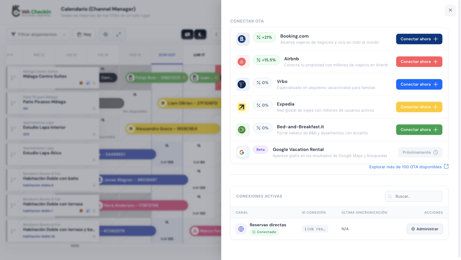 Panel Conectar OTA de WACheckin con Booking, Airbnb, Vrbo, Expedia, Bed-and-Breakfast.it y Google Vacation Rental