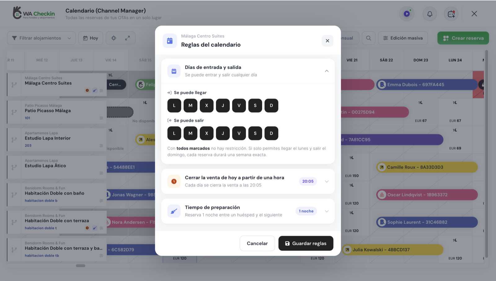 Modal Reglas del calendario en WACheckin: días de entrada y salida, cierre de venta y tiempo de preparación