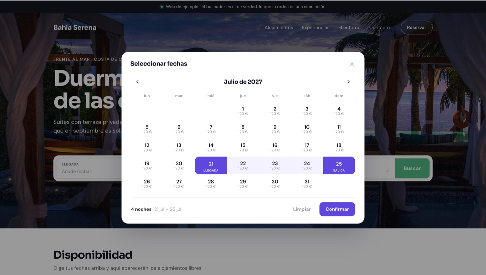 Date calendar with the per-night price in real time