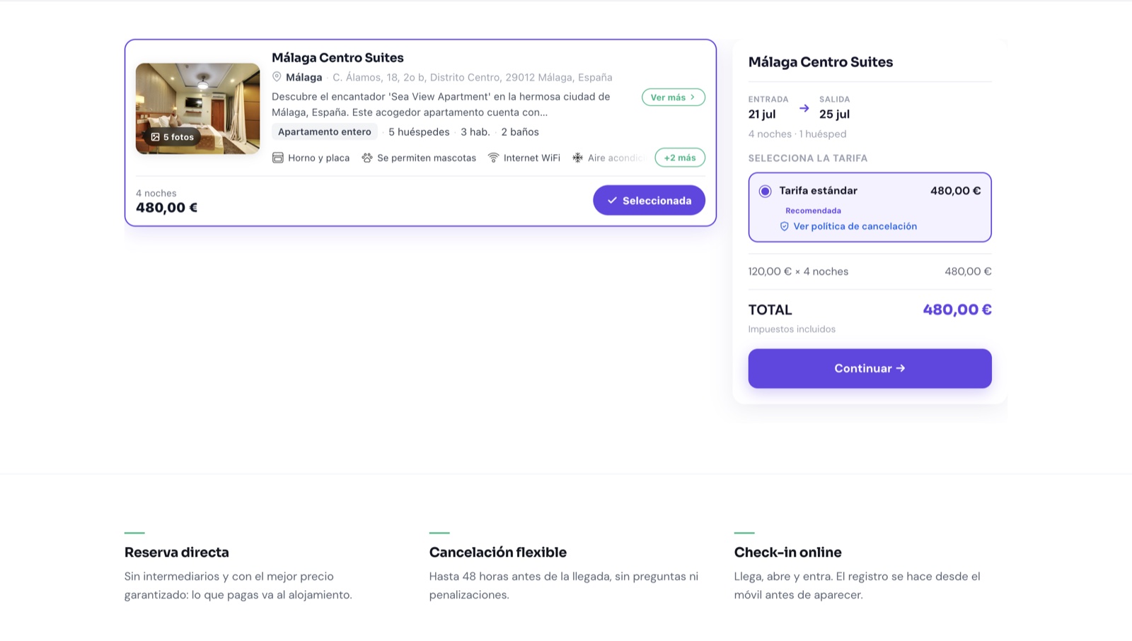 Availability results and rate selection with the total shown instantly