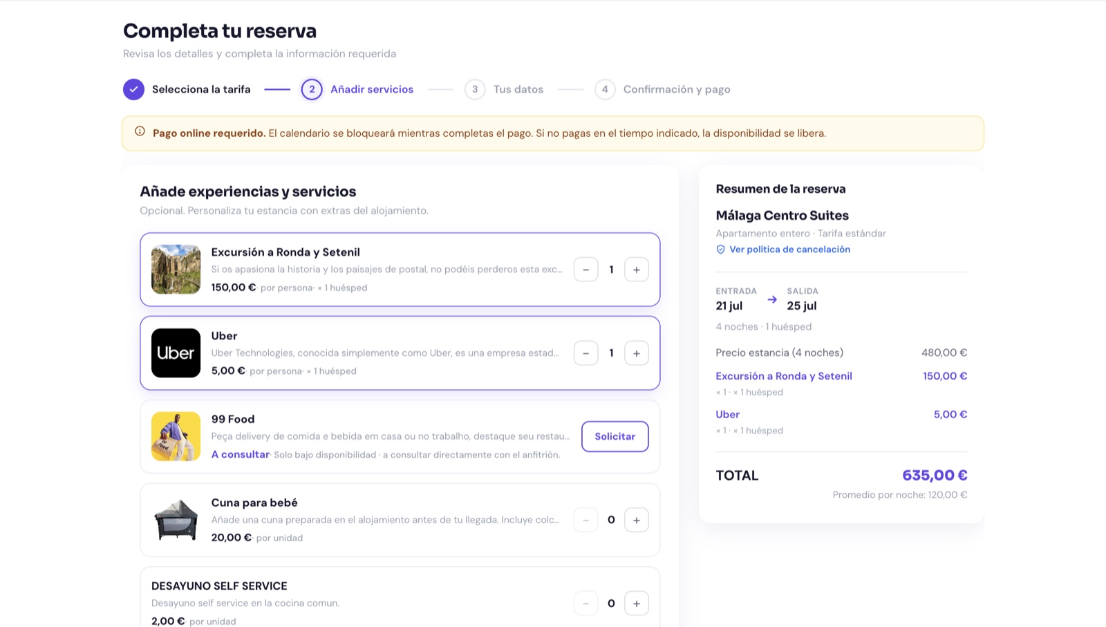 Adding experiences and extra services to the booking