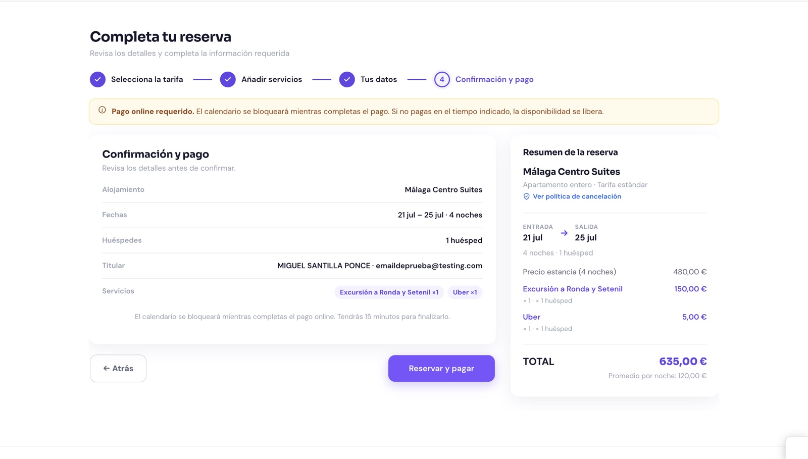 Confirmation and online payment of the direct booking, commission-free