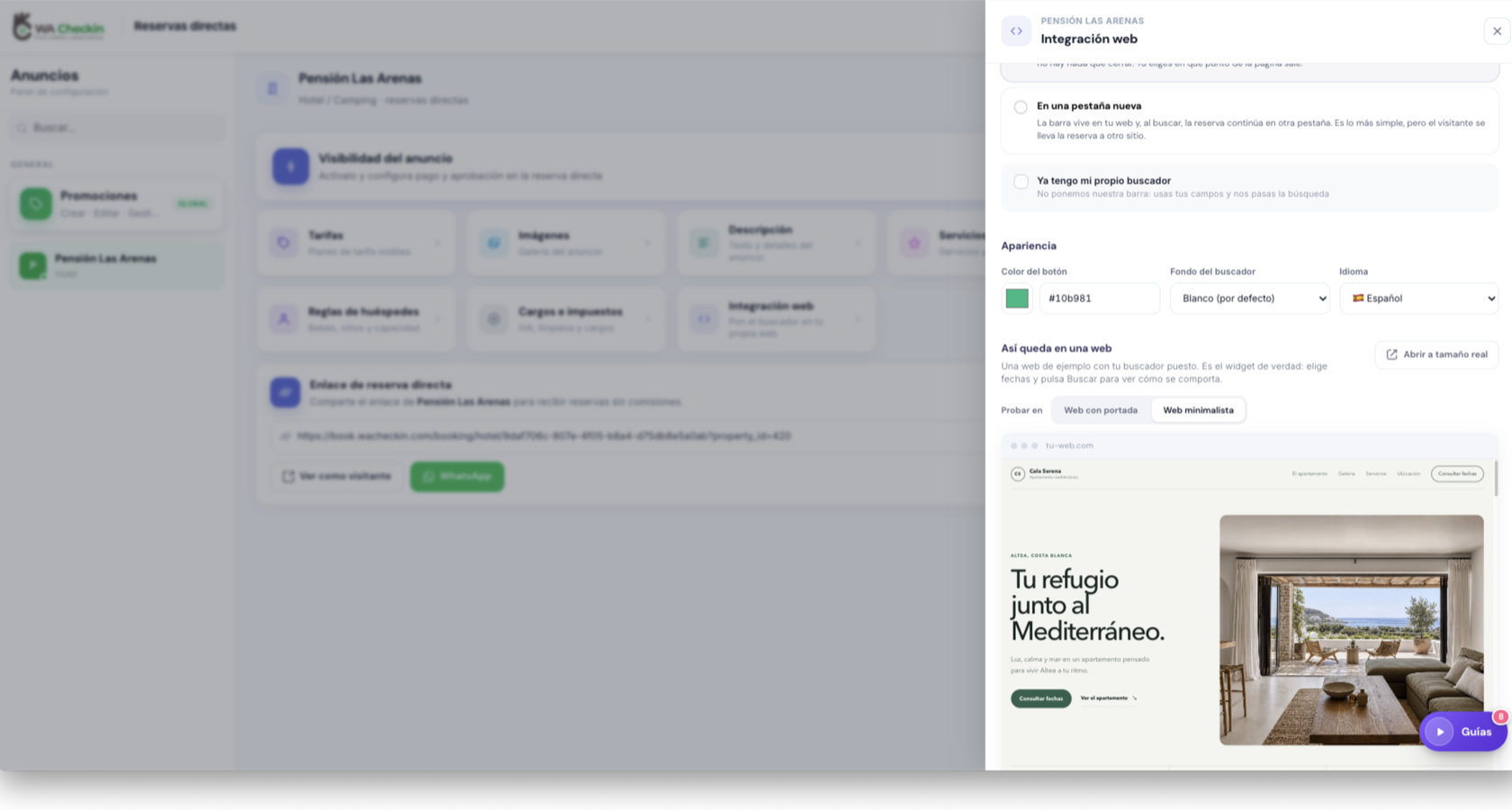 WACheckin dashboard for setting up direct booking: search appearance, language and a website preview