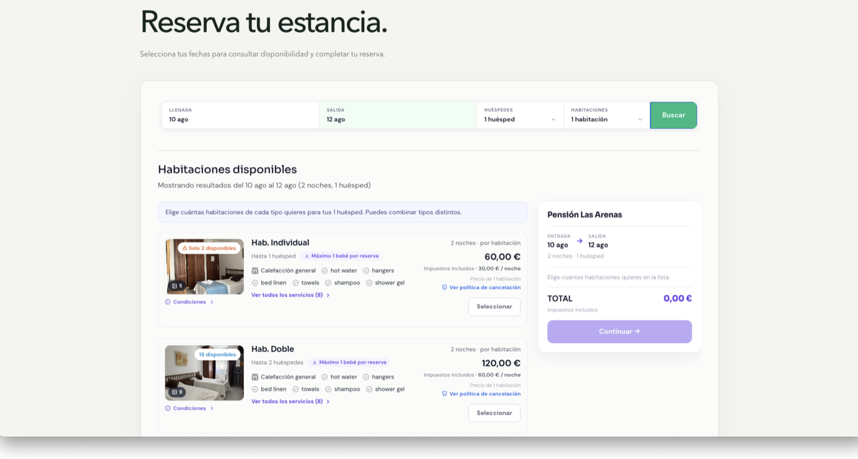Booking process in WACheckin: available rooms with real-time prices, services and taxes, and a booking summary with the total