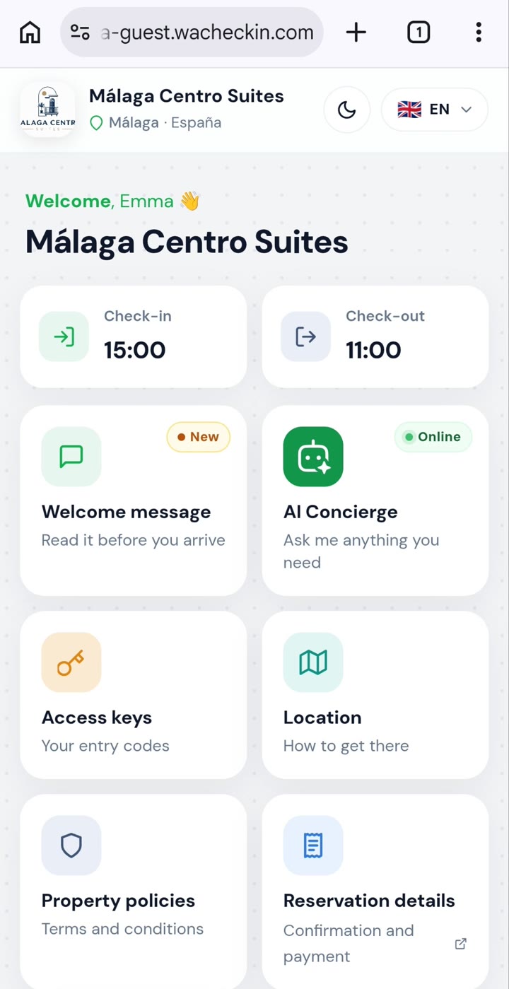 Smart Reception guest portal with the property's branding: check-in, AI concierge, access keys and location