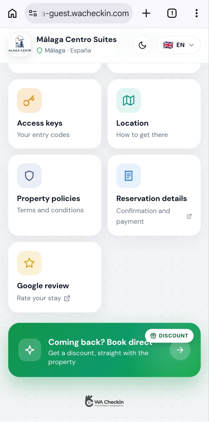 Smart Reception portal: booking details and payment, Google review and shop for services and extras