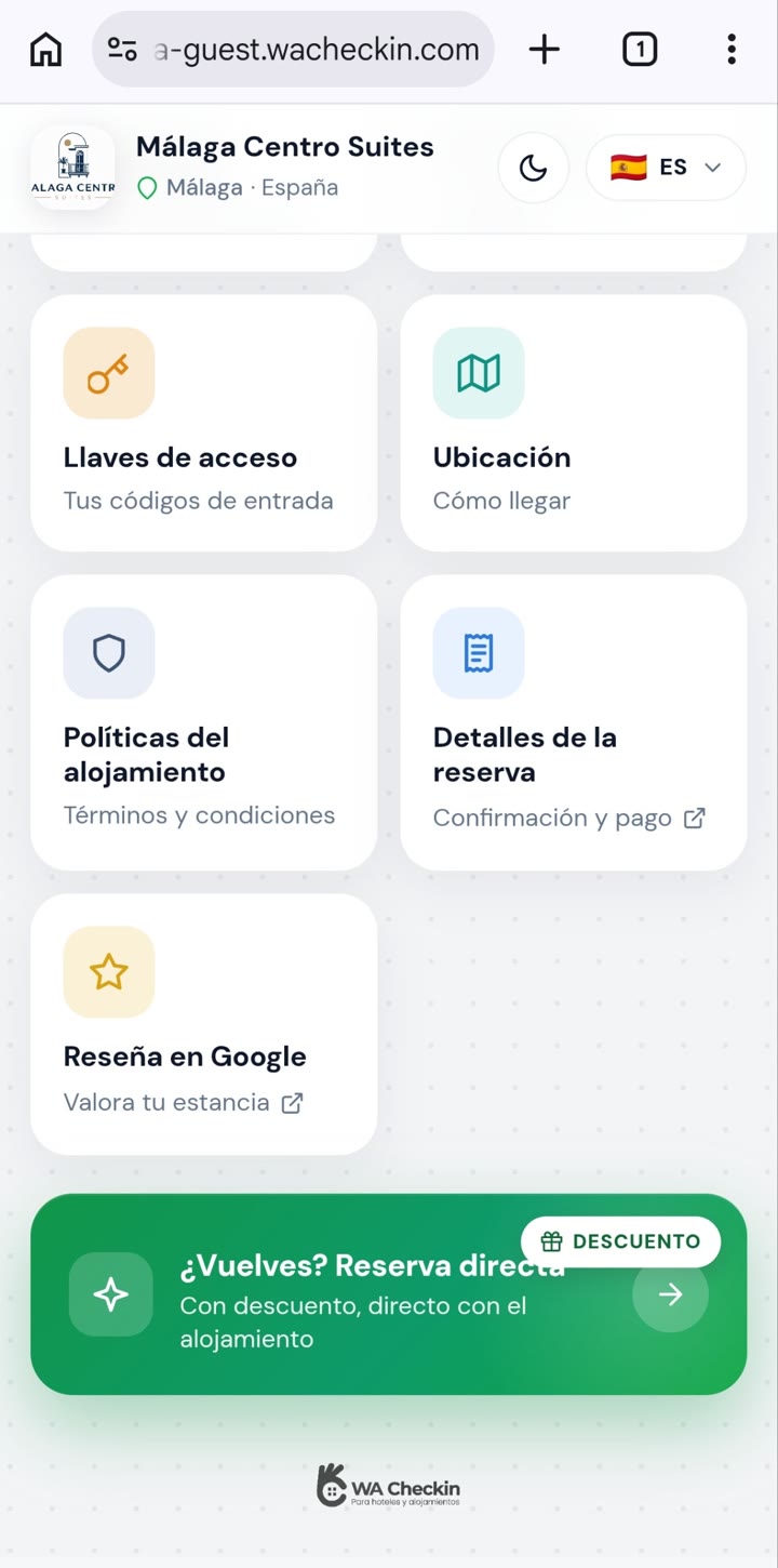 Portal Smart Reception: detalles de la reserva y pago, reseña en Google y tienda de servicios y extras