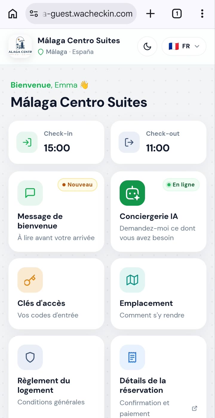 Portail Smart Reception à la marque du logement : check-in, concierge IA, clés d'accès et localisation