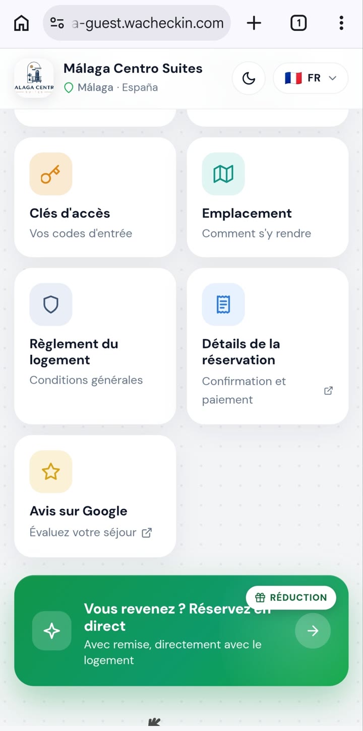 Portail Smart Reception : détails de la réservation et paiement, avis Google et boutique de services et extras