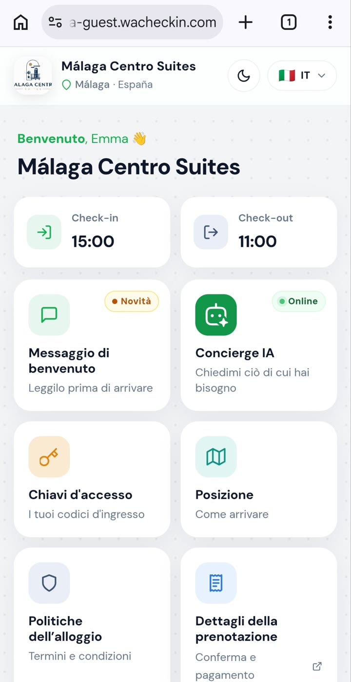 Portale Smart Reception con il marchio della struttura: check-in, concierge IA, chiavi di accesso e posizione