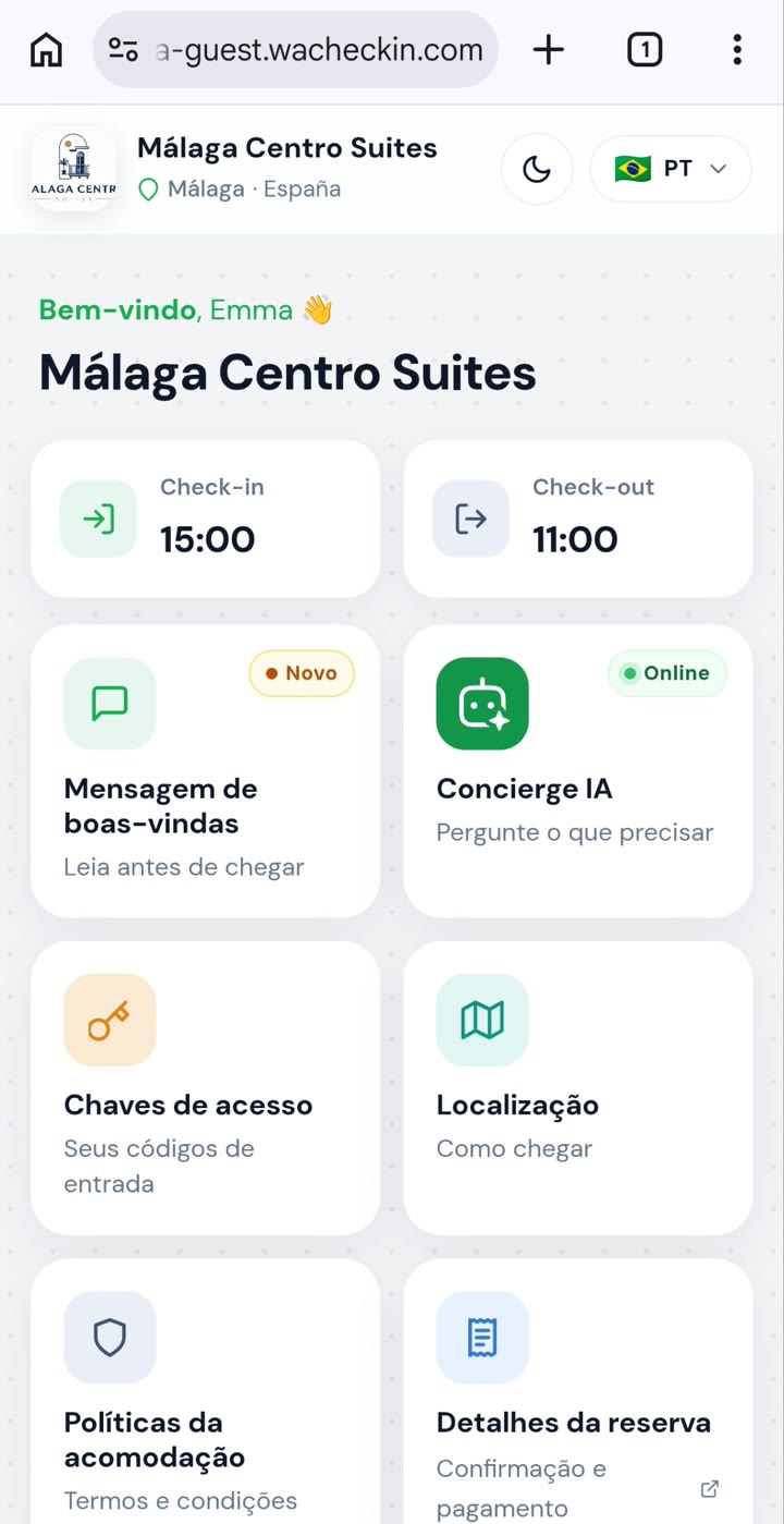 Portal Smart Reception com a marca da acomodação: check-in, concierge de IA, chaves de acesso e localização