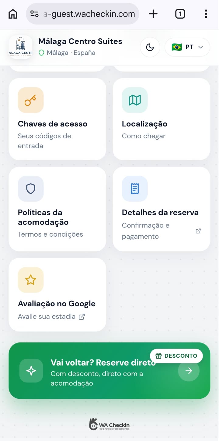 Portal Smart Reception: detalhes da reserva e pagamento, avaliação no Google e loja de serviços e extras